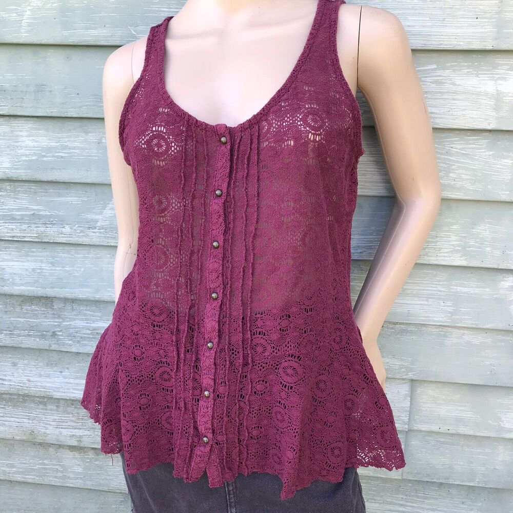Arizona Burgundy Button Peplum Lace Top Size M 90s Y2k Vtg Cottagecore Grunge